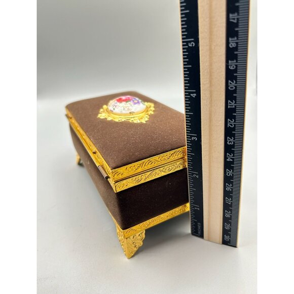 Vintage Gold & Brown Velvet Jewelry Box with Floral Porcelain Accent - Picture 9 of 9